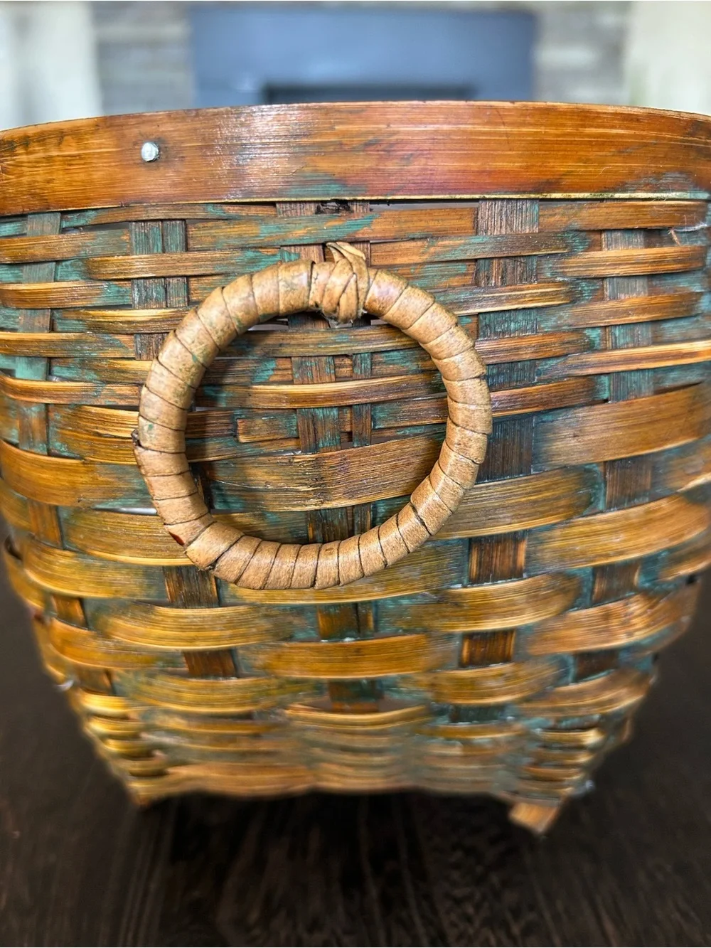 Vintage Handmade Split Wood Basket Planter Turquoise Patina Footed Boho Decor